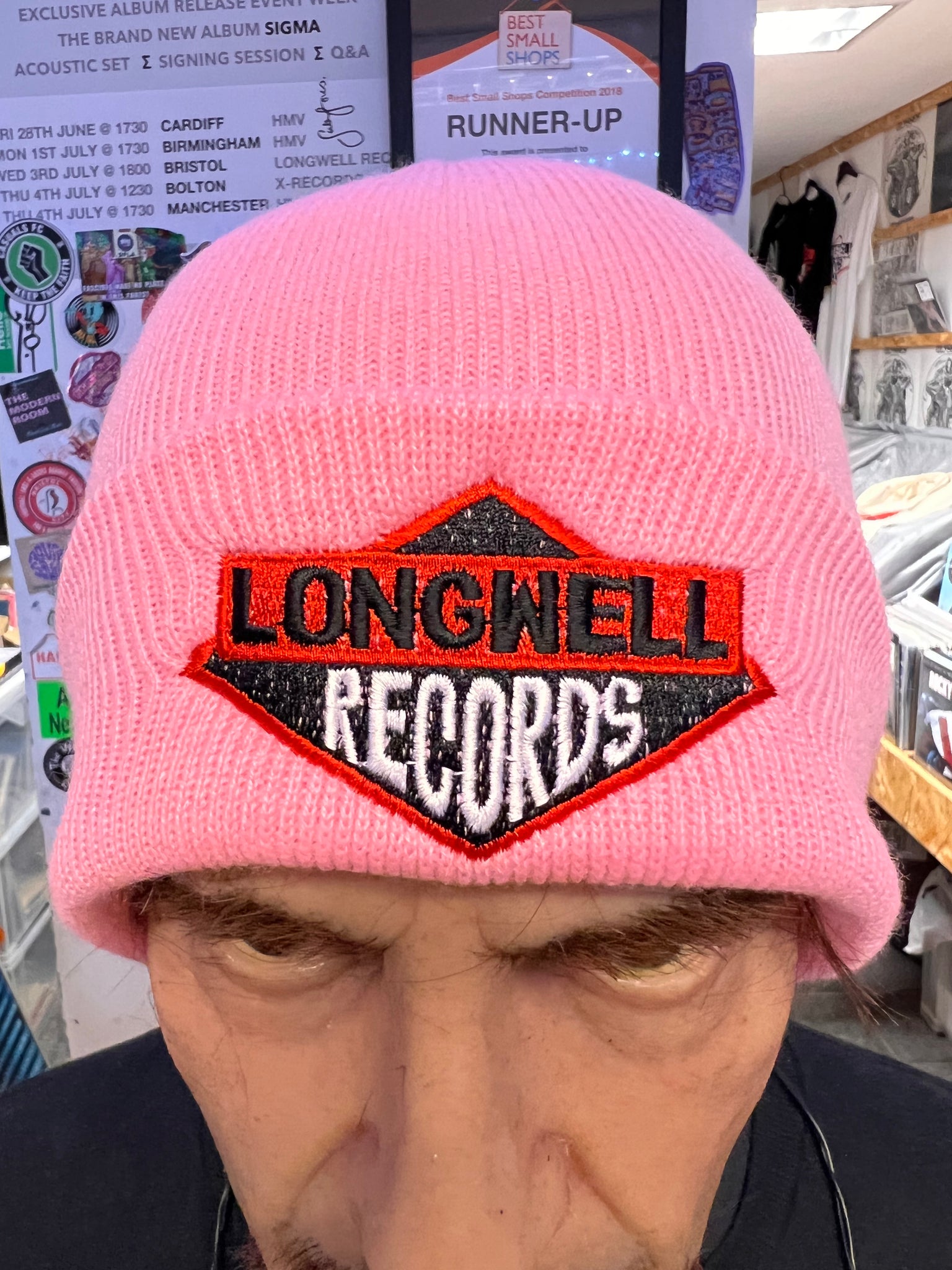 Pink Longwell records beanie hat winter 2023