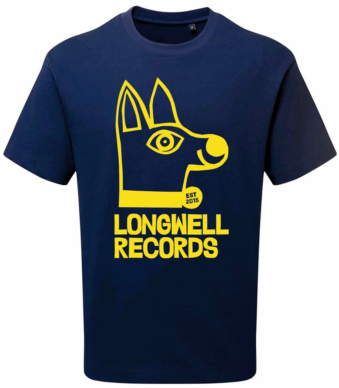 Longwell Records 2025 Dog logo T SHIRT NAVY BLUE WITH YELLOW print organic cotton